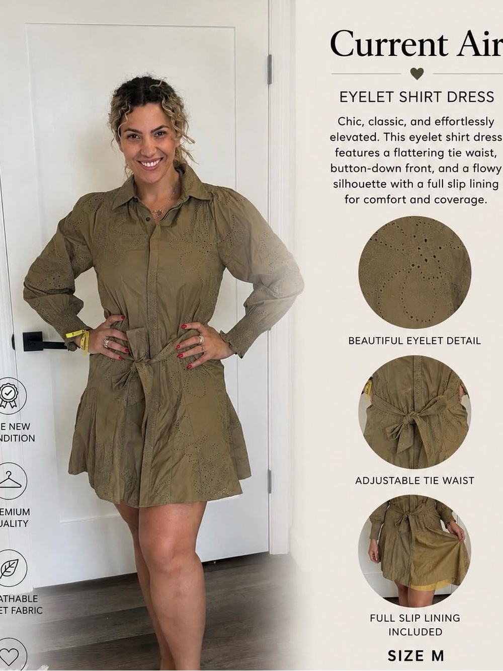 Current Air Olive Eyelet Shirt Dress with Tie Waist
